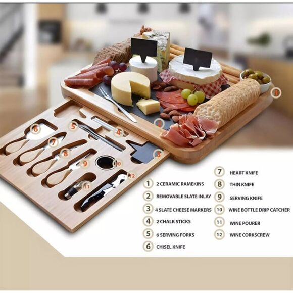 NEW Bamboo Cheese Board and Knife Set, Wood Charcuterie Platter Serving Meat - Picture 3 of 4